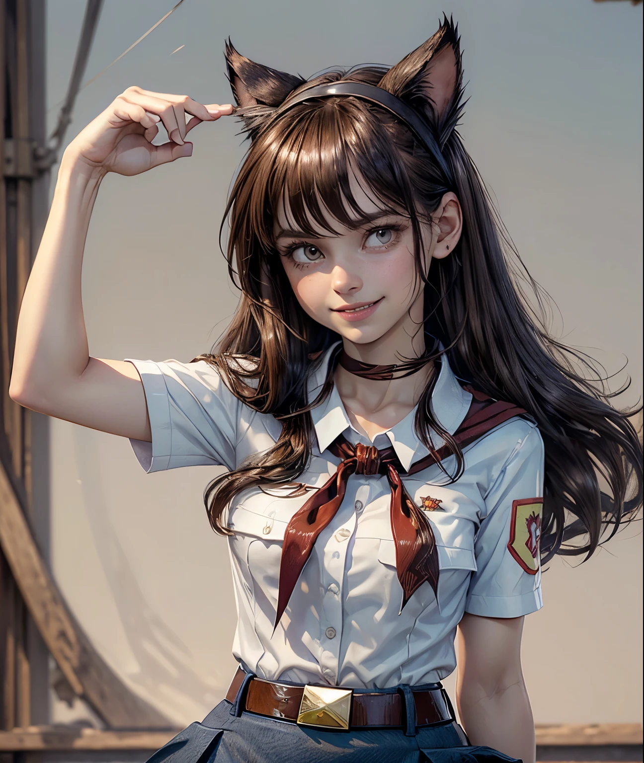 detailed eyes, full height, masterpiece, (((skinny body))), (looking at viewer, 8k vector photography, very young girl, beautiful brown eyes, realistic lighting, detailed outfit, realistic facial features, hyper detail, ((perfect angle, perfect pose)), ((very long brown disheveled hair)), a strand between eyes, flat chest, pioneer neckerchief, pioneer movement soviet pioneer, micro blue skirt, bangs, shirt, school uniform, collarbone, very toght white shirt, short sleeves, collared shirt, belt, neckerchief, eyelashes, red neckerchief, pocket, breast pocket, parororo, smiling, band on head with fake cat ears 