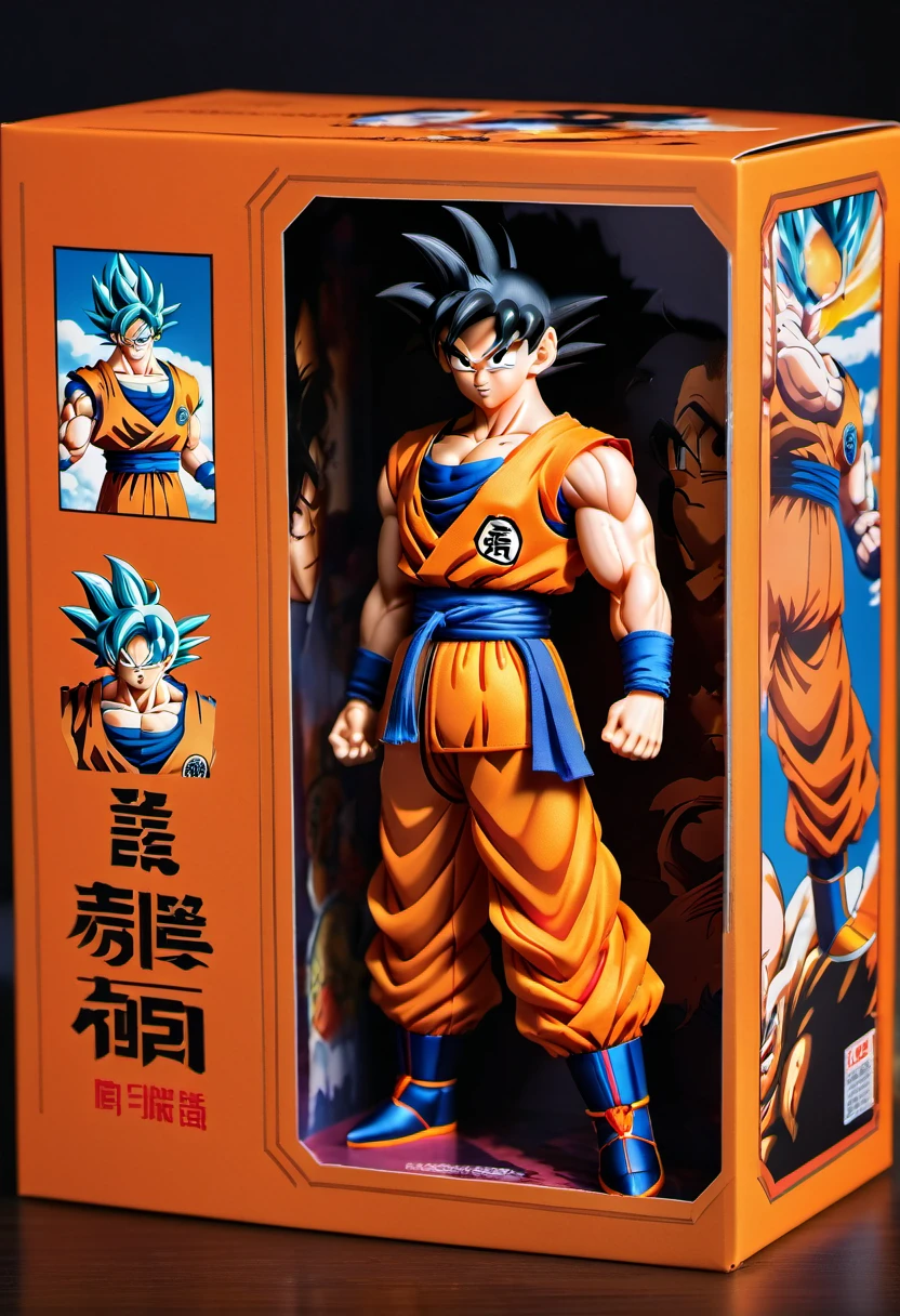 (best quality,4k,8k,highres,masterpiece:1.2),ultra-detailed, goku doll inside a box, product for sale, dragon ball, in the window of a toy store,