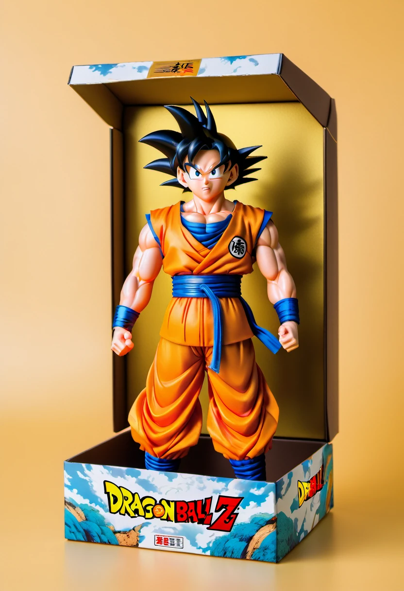 (best quality,4k,8k,highres,masterpiece:1.2),ultra-detailed, goku doll inside a box, product for sale, dragon ball, in the window of a toy store,