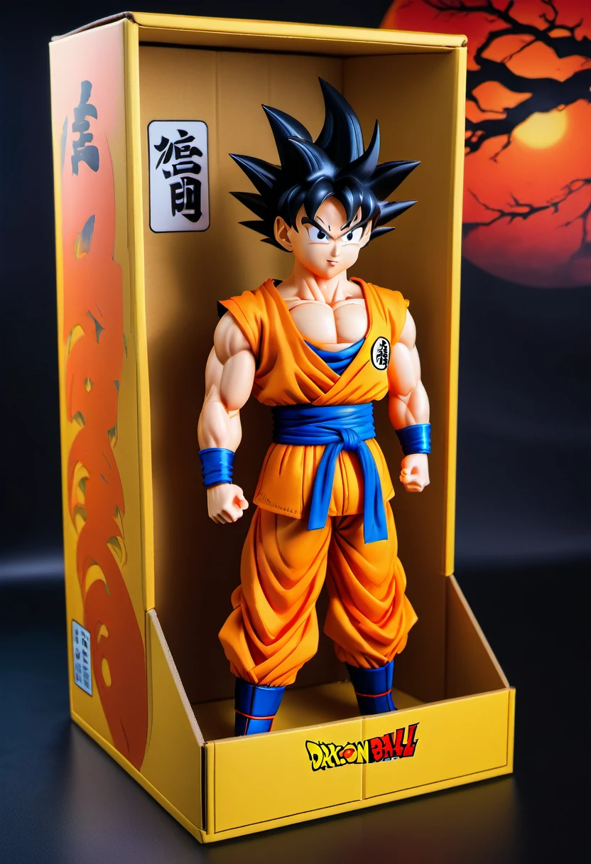 (best quality,4k,8k,highres,masterpiece:1.2),ultra-detailed, goku doll inside a box, product for sale, dragon ball, in the window of a toy store,