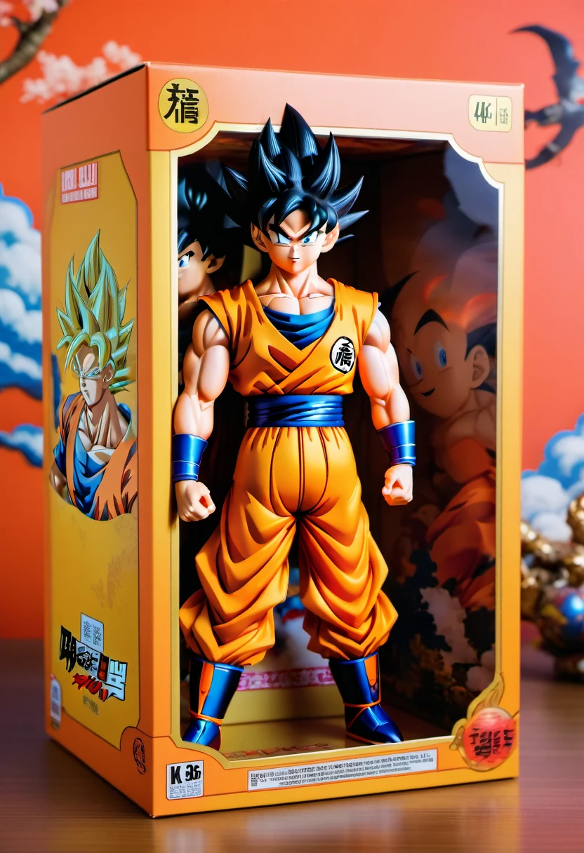 (best quality,4k,8k,highres,masterpiece:1.2),ultra-detailed, goku doll inside a box, product for sale, dragon ball, in the window of a toy store,