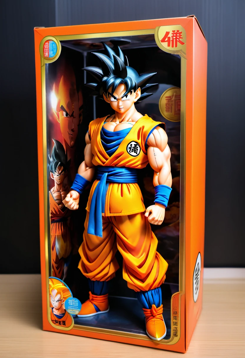 (best quality,4k,8k,highres,masterpiece:1.2),ultra-detailed, goku doll inside a box, product for sale, dragon ball, in the window of a toy store,