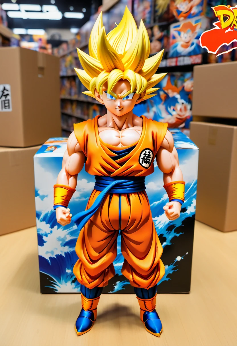 (best quality,4k,8k,highres,masterpiece:1.2),ultra-detailed, goku doll inside a box, product for sale, dragon ball, in the window of a toy store,