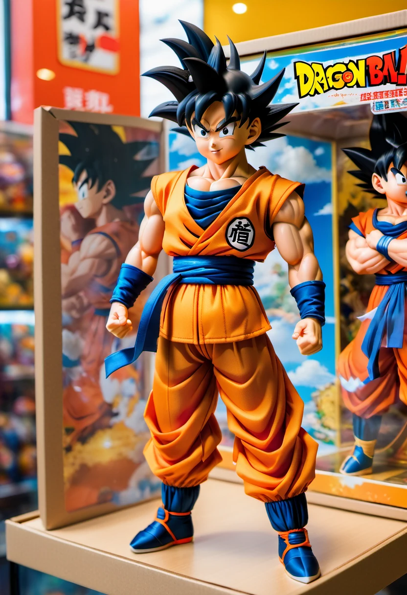 (best quality,4k,8k,highres,masterpiece:1.2),ultra-detailed, goku doll inside a box, product for sale, dragon ball, in the window of a toy store,