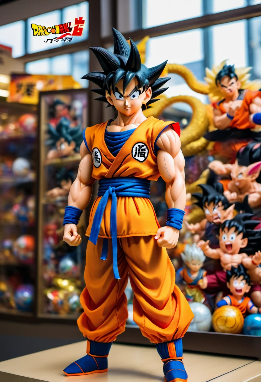 (best quality,4k,8k,highres,masterpiece:1.2),ultra-detailed, goku doll inside a box, product for sale, dragon ball, in the window of a toy store,