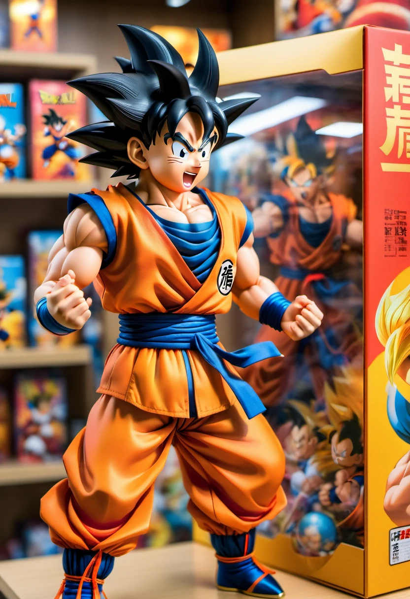 (best quality,4k,8k,highres,masterpiece:1.2),ultra-detailed, goku doll inside a box, product for sale, dragon ball, in the window of a toy store,