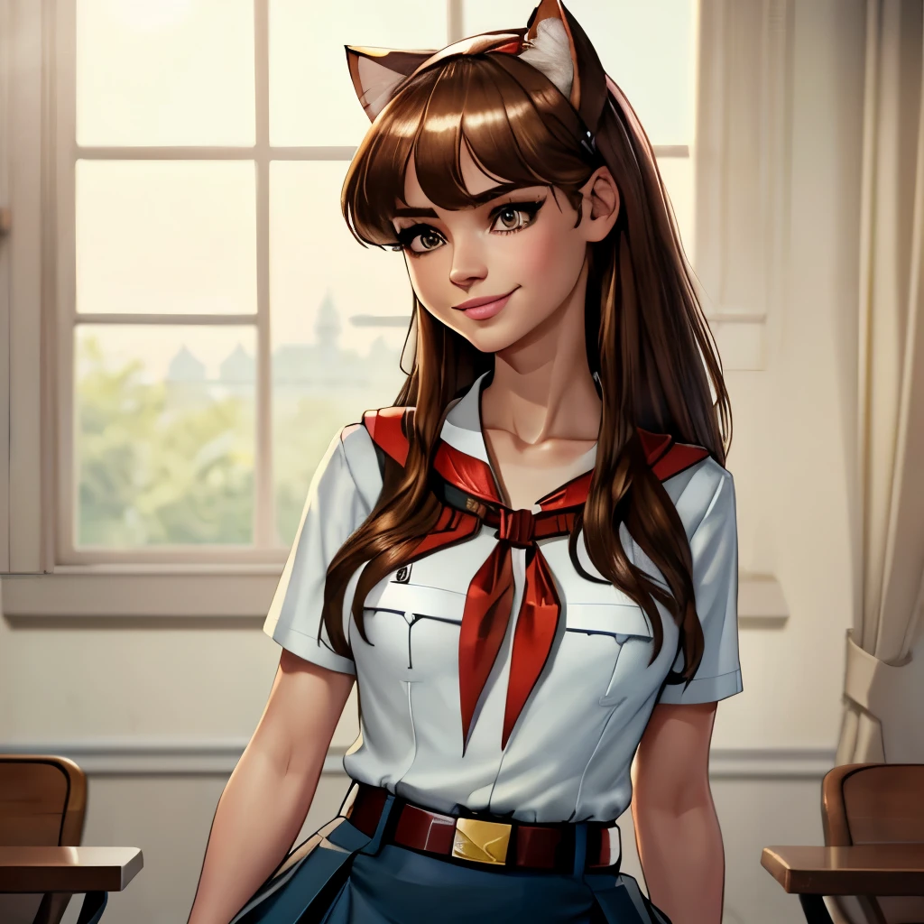 detailed eyes, full height, masterpiece, (((skinny body))), (looking at viewer, 8k vector photography, very young girl, beautiful brown eyes, realistic lighting, detailed outfit, realistic facial features, hyper detail, ((perfect angle, perfect pose)), ((very long brown disheveled hair)), a strand between eyes, flat chest, pioneer neckerchief, pioneer movement soviet pioneer, micro blue skirt, bangs, shirt, school uniform, collarbone, very toght white shirt, short sleeves, collared shirt, belt, neckerchief, eyelashes, red neckerchief, pocket, breast pocket, parororo, smiling, band on head with fake cat ears 