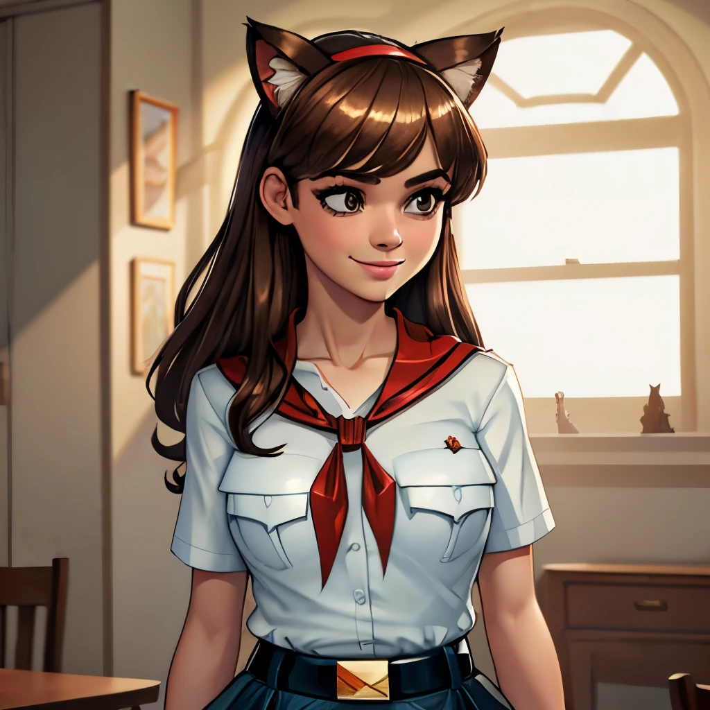 detailed eyes, full height, masterpiece, (((skinny body))), (looking at viewer, 8k vector photography, very young girl, beautiful brown eyes, realistic lighting, detailed outfit, realistic facial features, hyper detail, ((perfect angle, perfect pose)), ((very long brown disheveled hair)), a strand between eyes, flat chest, pioneer neckerchief, pioneer movement soviet pioneer, micro blue skirt, bangs, shirt, school uniform, collarbone, very toght white shirt, short sleeves, collared shirt, belt, neckerchief, eyelashes, red neckerchief, pocket, breast pocket, parororo, smiling, band on head with fake cat ears 