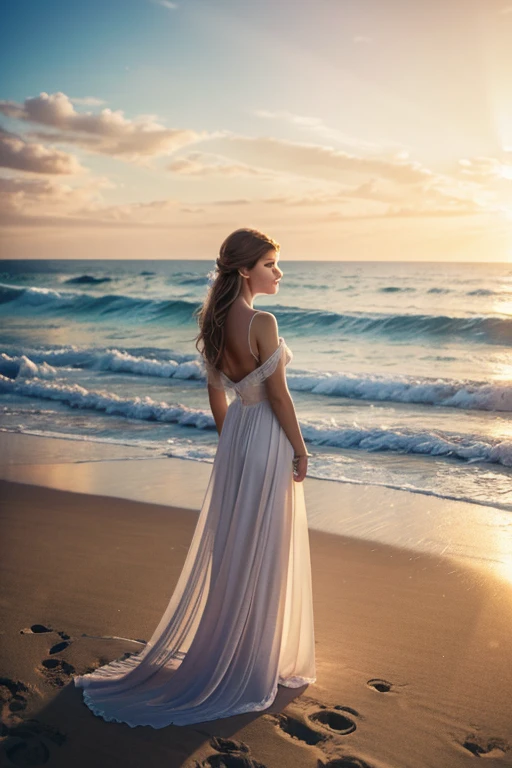 Soft, ethereal lighting, gentle brush strokes, romantic atmosphere, serene beach setting, lifelike details, flowing dress, natural colors, digital illustration, high-resolution, romantic realism, warm and inviting mood.