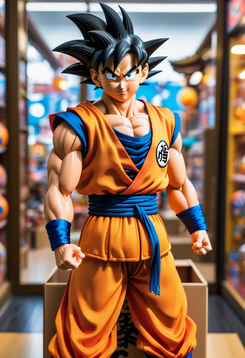 (best quality,4k,8k,highres,masterpiece:1.2),ultra-detailed, goku doll inside a box, product for sale, dragon ball, in the window of a toy store,