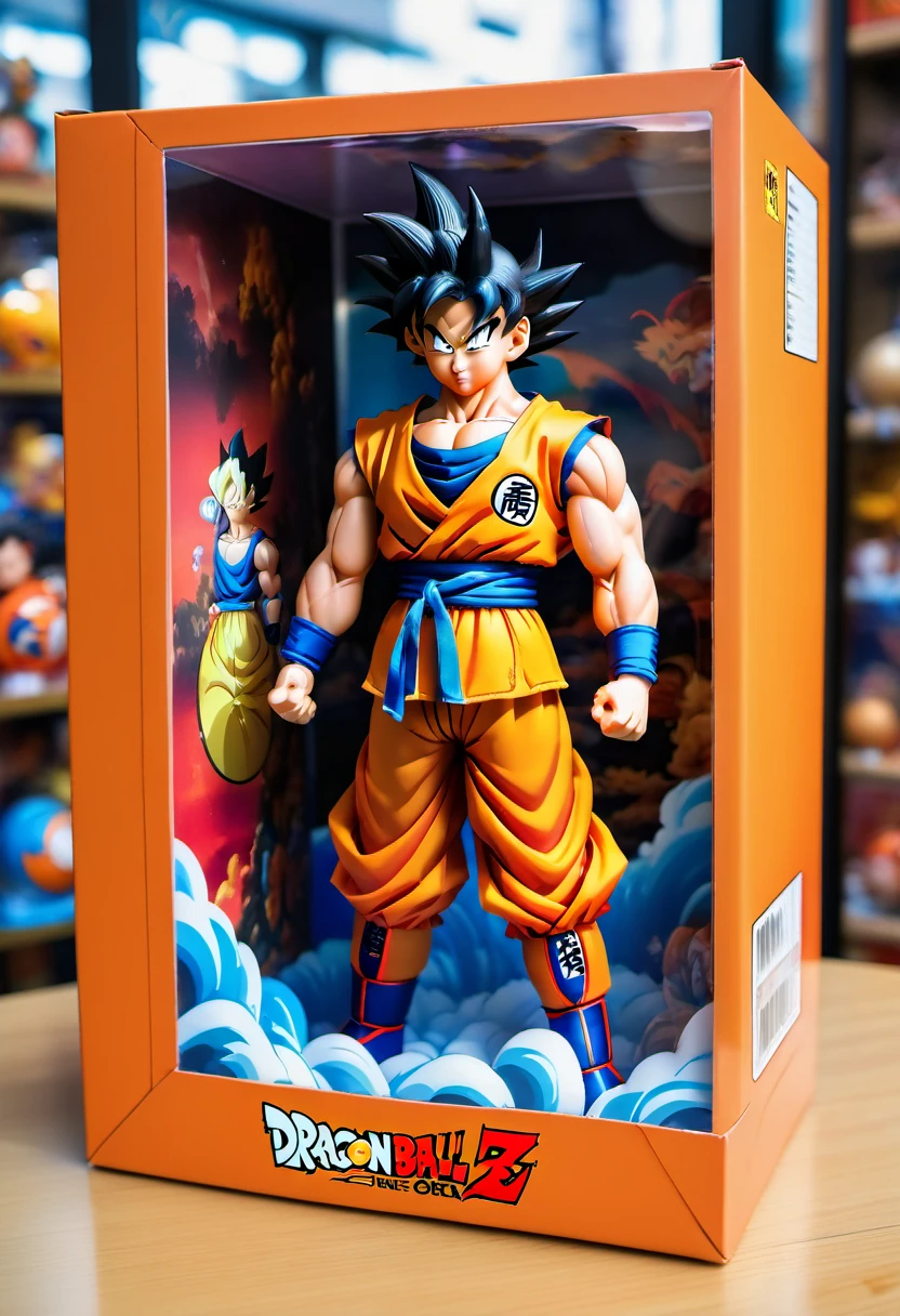 (best quality,4k,8k,highres,masterpiece:1.2),ultra-detailed, goku doll inside a box, product for sale, dragon ball, in the window of a toy store,