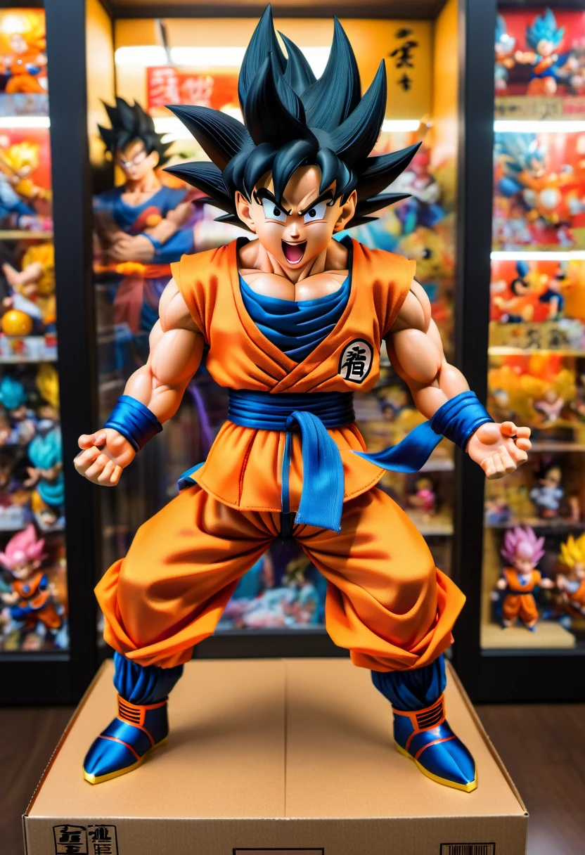 (best quality,4k,8k,highres,masterpiece:1.2),ultra-detailed, goku doll inside a box, product for sale, dragon ball, in the window of a toy store,