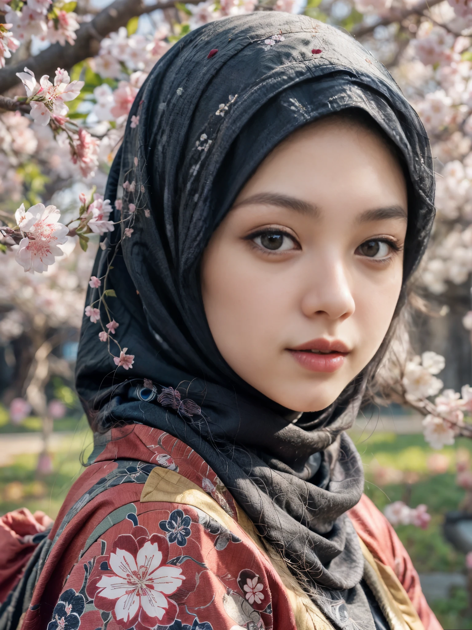 Menina japonesa em (hijab:1.2),lindos olhos detalhados,lábios detalhados,traje tradicional,expressão serena,(Flor de cerejeira:1.1) fundo,iluminação suave,(arte tradicional japonesa:1.2)(Ukiyo-e:1.1) estilo,pinceladas delicadas,cores vibrantes,Paleta de cores sutis,alta qualidade,Ultra-detalhado,realista,photorealista(photorealista:1.37) Renderização.