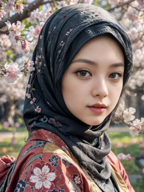 Japanese girl in (hijab:1.2),detailed beautiful eyes,detailed lips,traditional attire,serene expression,(cherry blossom:1.1) bac...