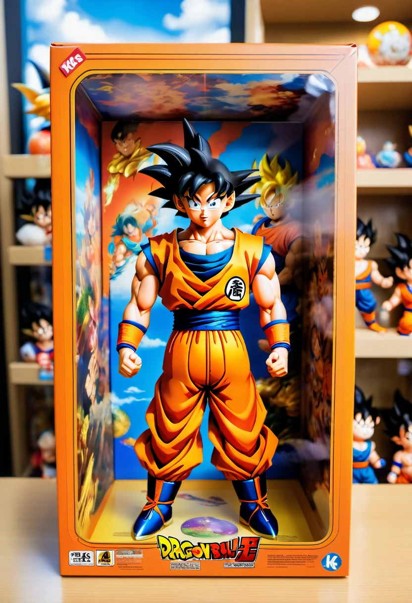 (best quality,4k,8k,highres,masterpiece:1.2),ultra-detailed, goku doll inside a box, product for sale, dragon ball, in the window of a toy store,