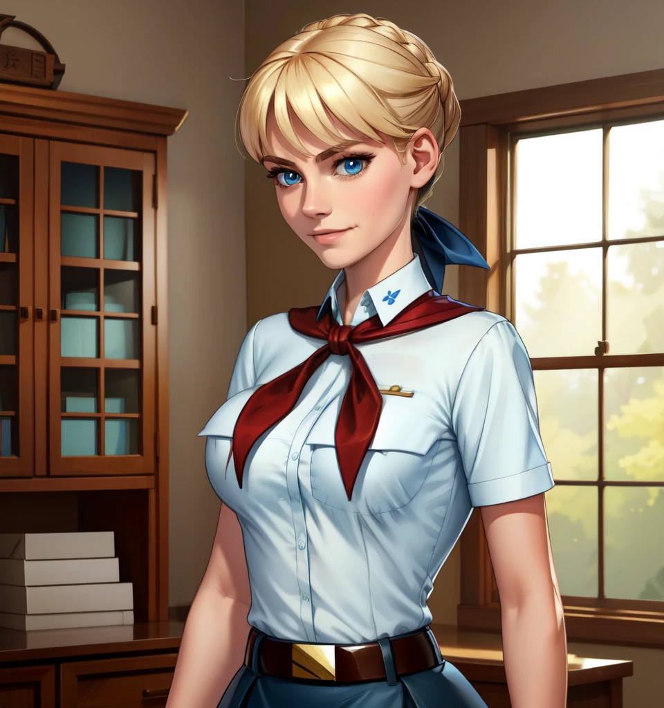 very young slim fit girl, full height, rounded face, big blue eyes, shy smile, perfect flat breast, pioneer neckerchief, micro tight blue pleated skirt, bangs, tight white shirt, short sleeves, collared shirt, belt, red neckerchief, breast pocket, braid, hair ribbon, blue ribbon, short blonde hair, hair bun, saber