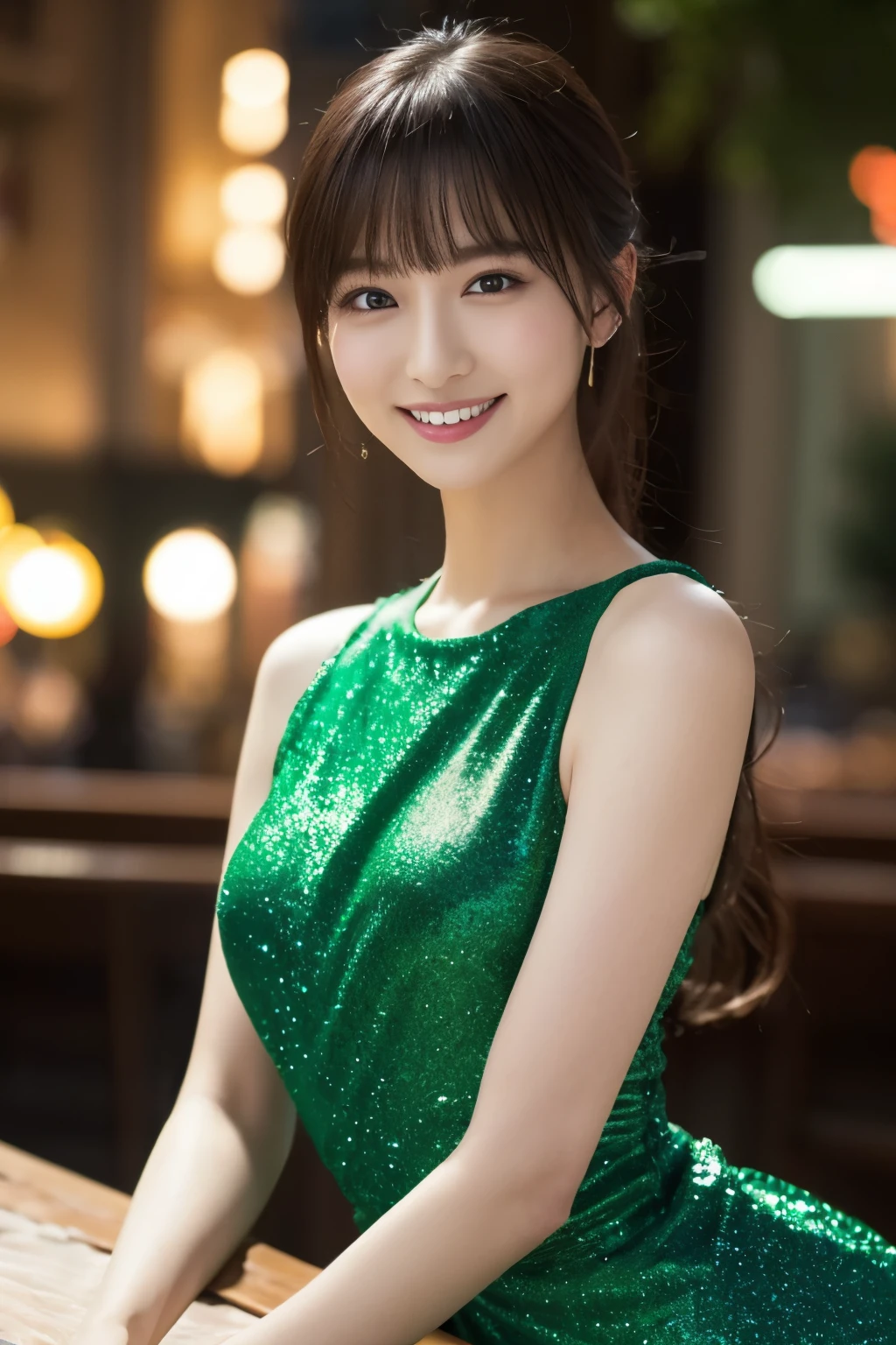 1 girl, (wearing a green glitter dress:1.2), (RAW photo, highest quality), (realistic, Photoreal:1.4), table top, very delicate and beautiful, very detailed, 2k wallpaper, wonderful, finely, Very detailed CG Unity 8K 壁紙, Super detailed, High resolution, soft light, beautiful detailed girl, very detailed目と顔, beautifully detailed nose, Finely beautiful eyes, cinematic lighting, night city lights, Fantastic illumination, perfect anatomy, slender body, small, smile