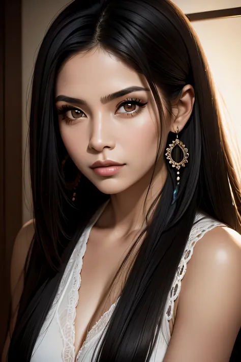 portrait of a mexican  american woman, beautiful, detailed face, deep, expressive eyes, long black hair