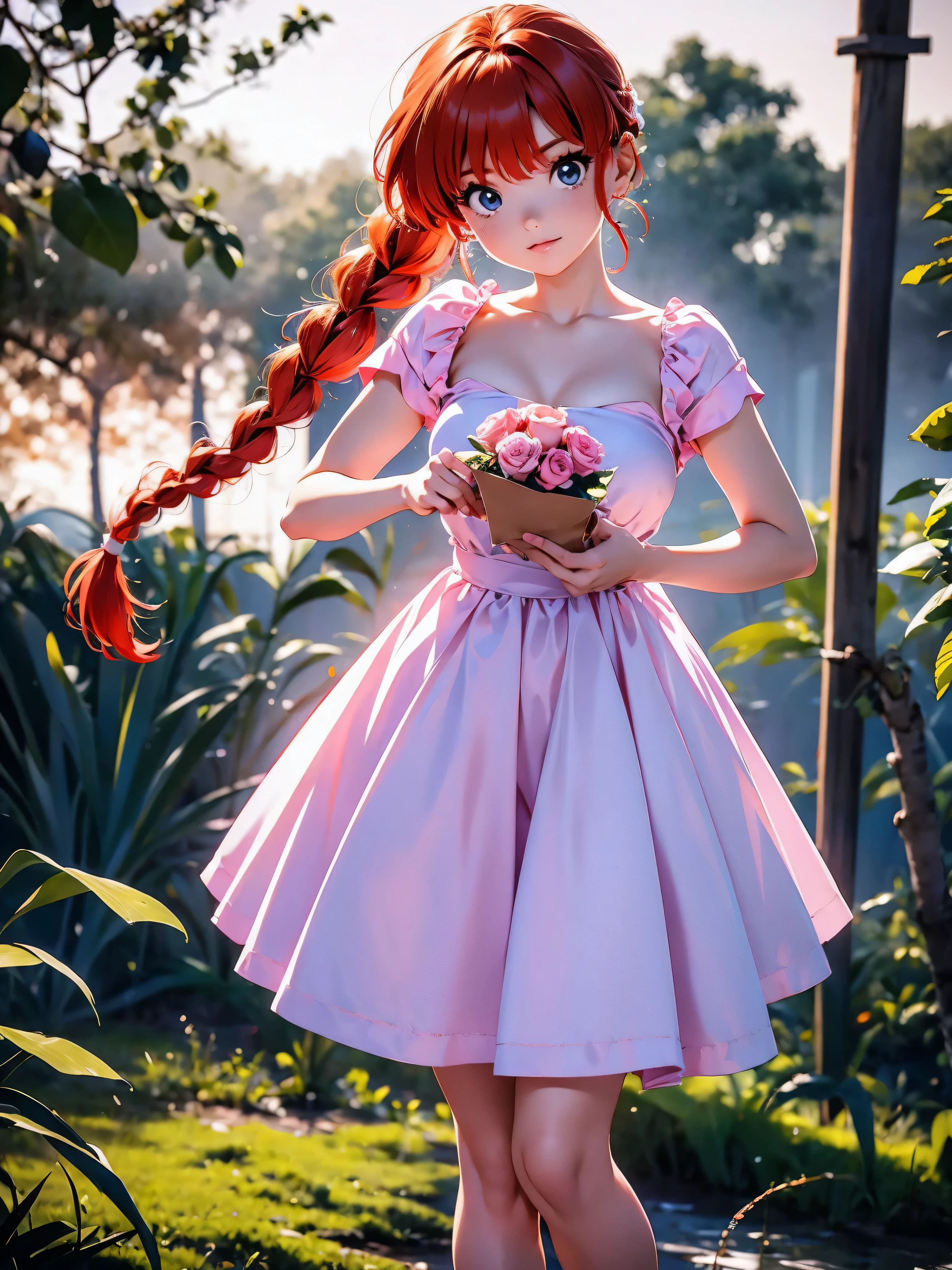 Chica anime pelirroja con vestido largo rosa con dibujo de rosas de boda, falda, 16 años, cuerpo bonito, senos grandes, con las manos detrás de la cabeza, pasando tus manos por tu cabello, chica sexy, red pelo con trenza , hermosa iluminación, sombras suaves, ojos azules, bonitas piernas, pelo con trenza, estilo anime, Ranma Chan, Autora Rumiko Takahashi, Basado en una obra de Rumiko Takahashi, Anime Ranma 1/ 2, decoración sexy, cadera robusta, cuerpo entero, cuerpo entero, busto grande, chica joven con cuerpo hermoso y hermoso, sandalias en sus pies, garota 16 años jovem baixa estatura, luciendo un vestido largo rosa con diseños de rosas, estampado floral, vestido com arte florida de rosas, chica anime, estilo anime, hermosos pies en sandalias, Ángulo de visión de 45°, al aire libre, vestido com estampado floral rosas, vestido estampado flor rosa, cuerpo entero, cuerpo completo