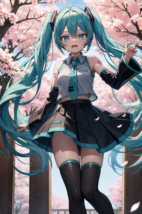 hatsune miku　Show from head to thigh　cheeks are red　Natural Laughing Face　cute face　small breasts　small ass　good style　Near the ...