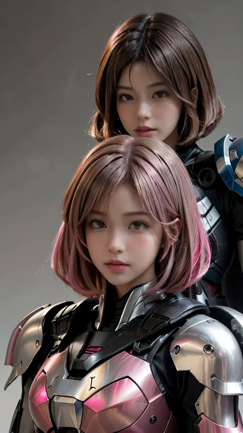 photo of two realistic black sazabi girls，shortcut bob cut，i have a lot of hair，brown eyes，hair color is bright pink，cool look，b...