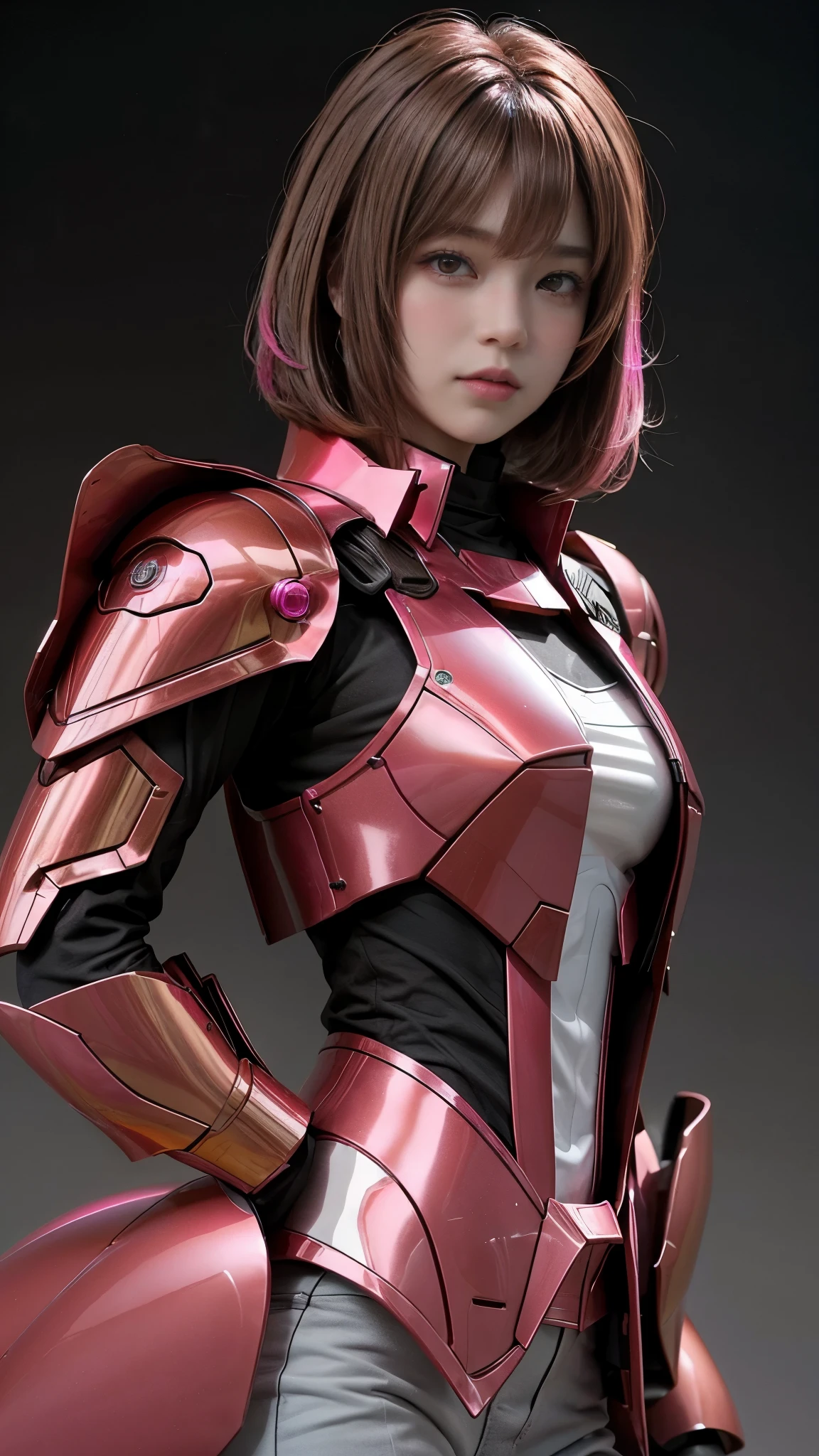 Photo of two realistic black Sazabi girls，Shortcut Bob Cut，I have a lot of hair，brown eyes，Hair color is bright pink，cool look，background is gray，16 year old daughter of Haman Khan and Char Aznable.