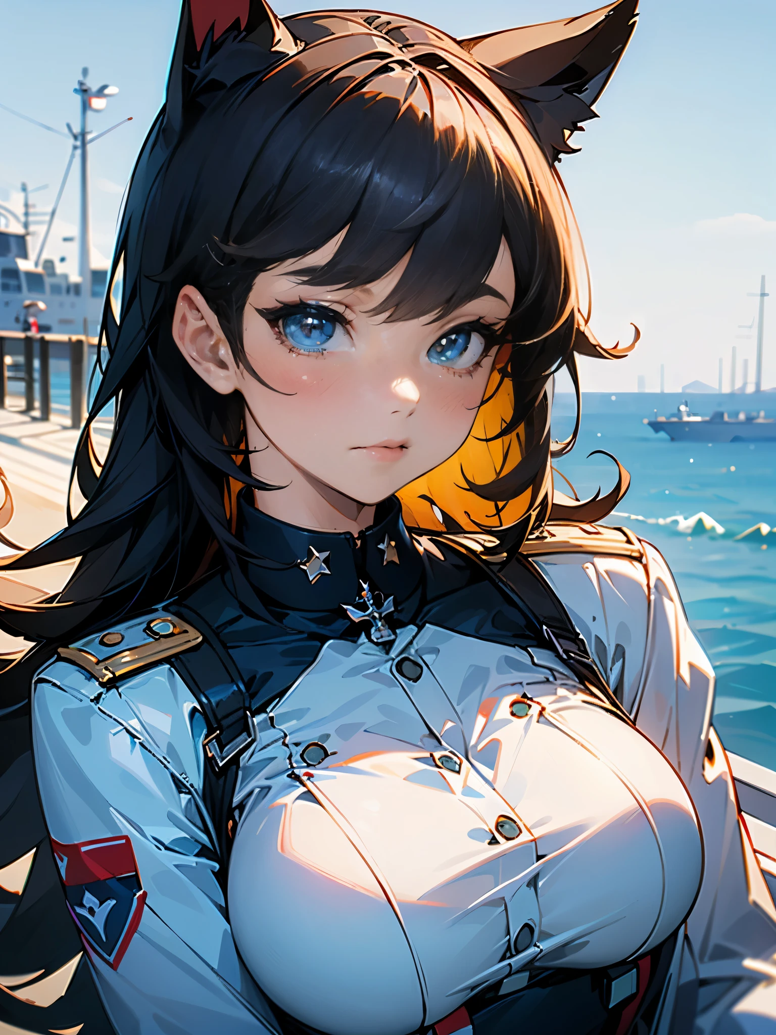 (masterpiece, best quality, RAW photo, intricate details) portrait, head and shoulders, 1girl / Atago / medium dark hair, blues eyes, cat ears, large breasts, curvaceous body, (wearing admirals uniform), seaport background, blue sky, Azur lane, catgirl, admiralty, medals, academy, military, marine, navy