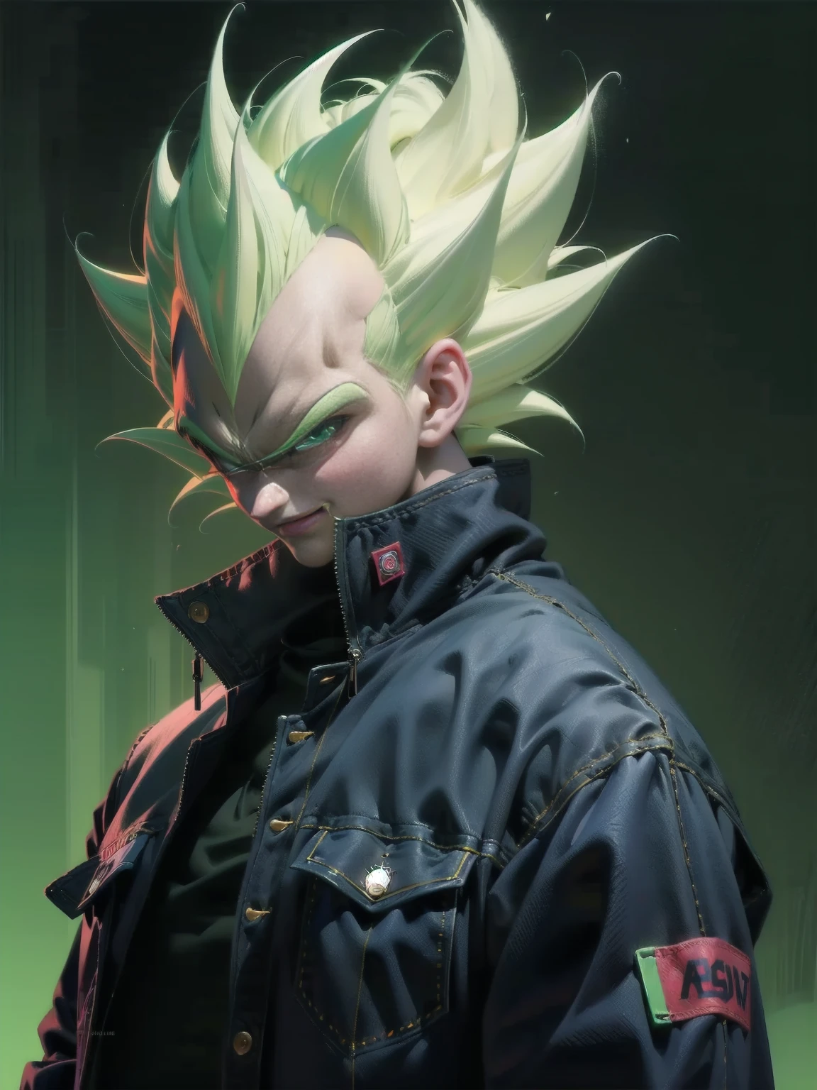 1man, solo, (masterpiece), best quality, ultra-detailed, Vegeta from Dragon Ball Z, super saiyan hair, Retro style, full body. fashion cloth, purple jean jacket, fancy, portrait, upper body, face detail, eyes detail: 1.3, simple background, sakichiman, green eyes, 
