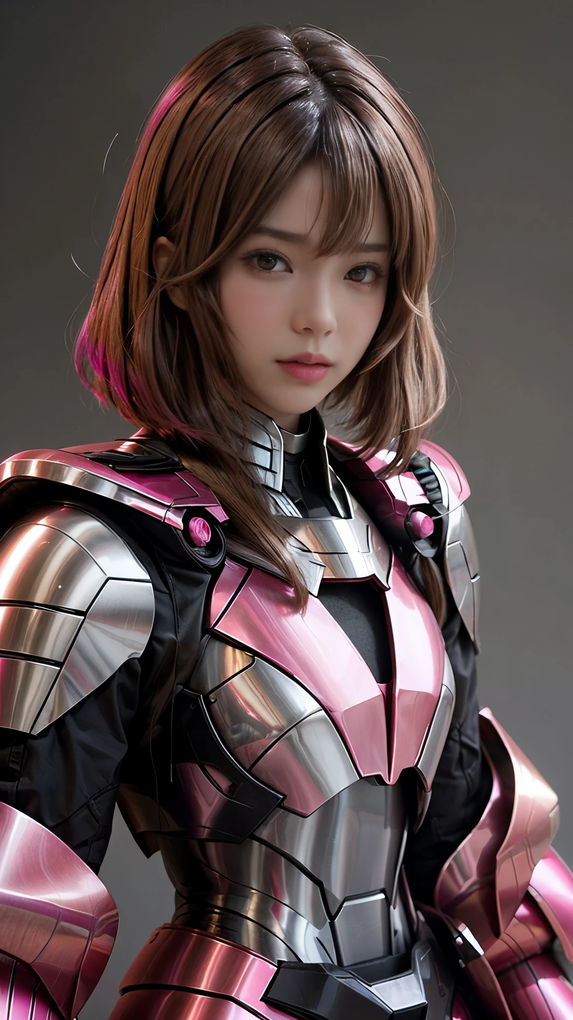 Photo of two realistic black Sazabi girls，Shortcut Bob Cut，I have a lot of hair，brown eyes，Hair color is bright pink，cool look，background is gray，16 year old daughter of Haman Khan and Char Aznable.