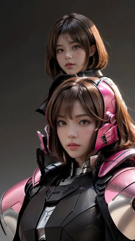 photo of two realistic black sazabi girls，shortcut bob cut，i have a lot of hair，brown eyes，hair color is bright pink，cool look，b...