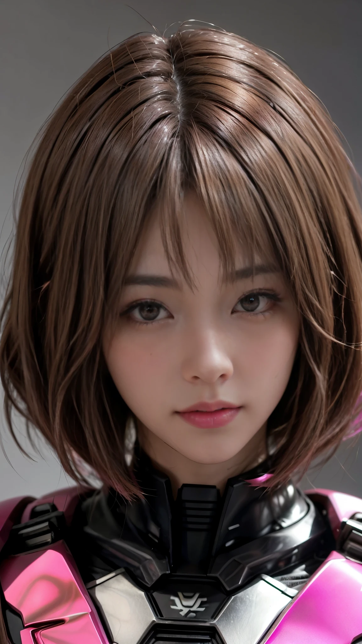 Photo of two realistic black Sazabi girls，Shortcut Bob Cut，I have a lot of hair，brown eyes，Hair color is bright pink，cool look，background is gray，16 year old daughter of Haman Khan and Char Aznable.