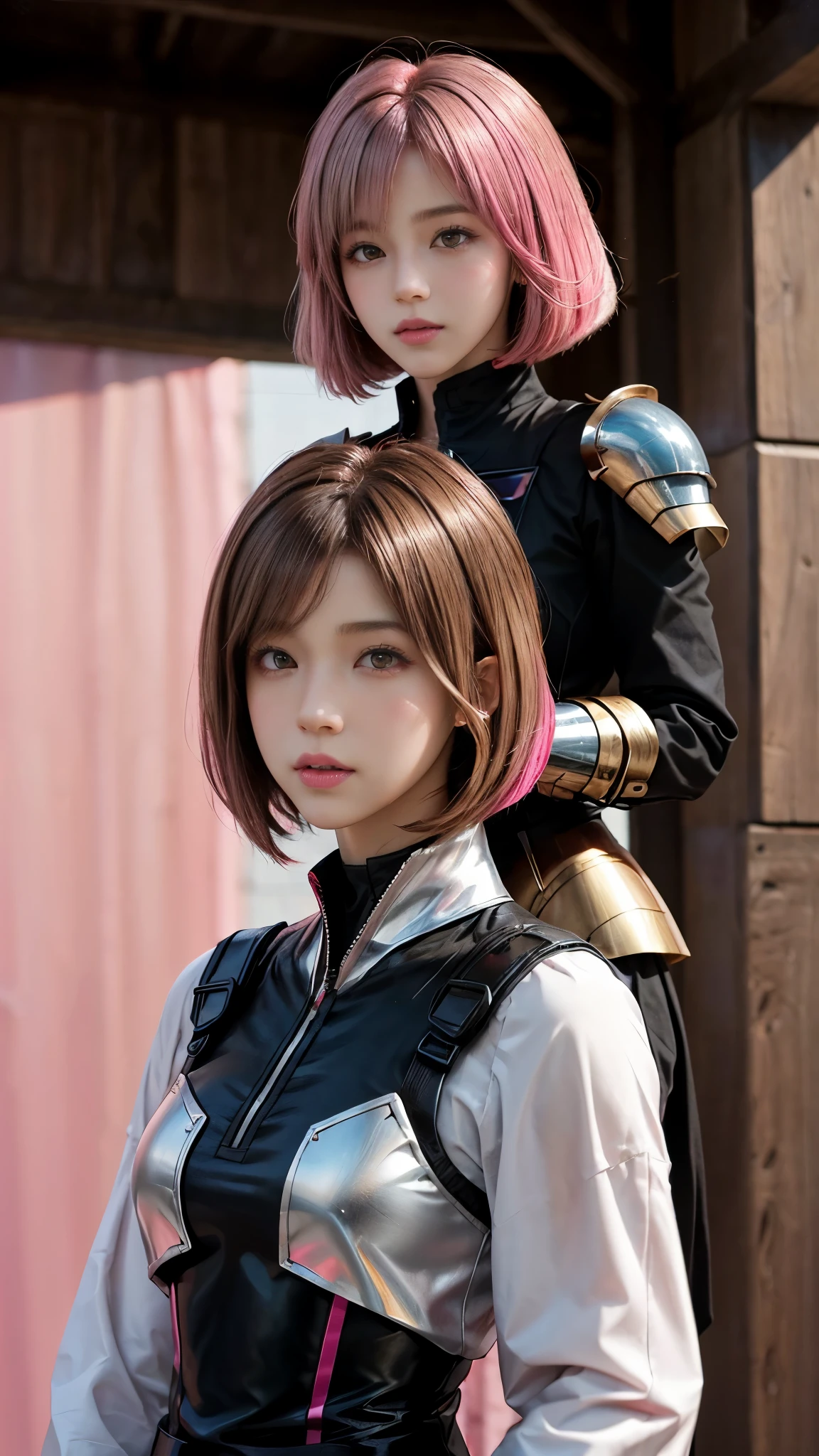 Photo of two realistic black Sazabi girls，Shortcut Bob Cut，I have a lot of hair，brown eyes，Hair color is bright pink，cool look，background is gray，16 year old daughter of Haman Khan and Char Aznable.