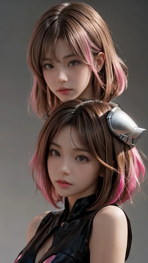 photo of two realistic black sazabi girls，shortcut bob cut，i have a lot of hair，brown eyes，hair color is bright pink，cool look，b...