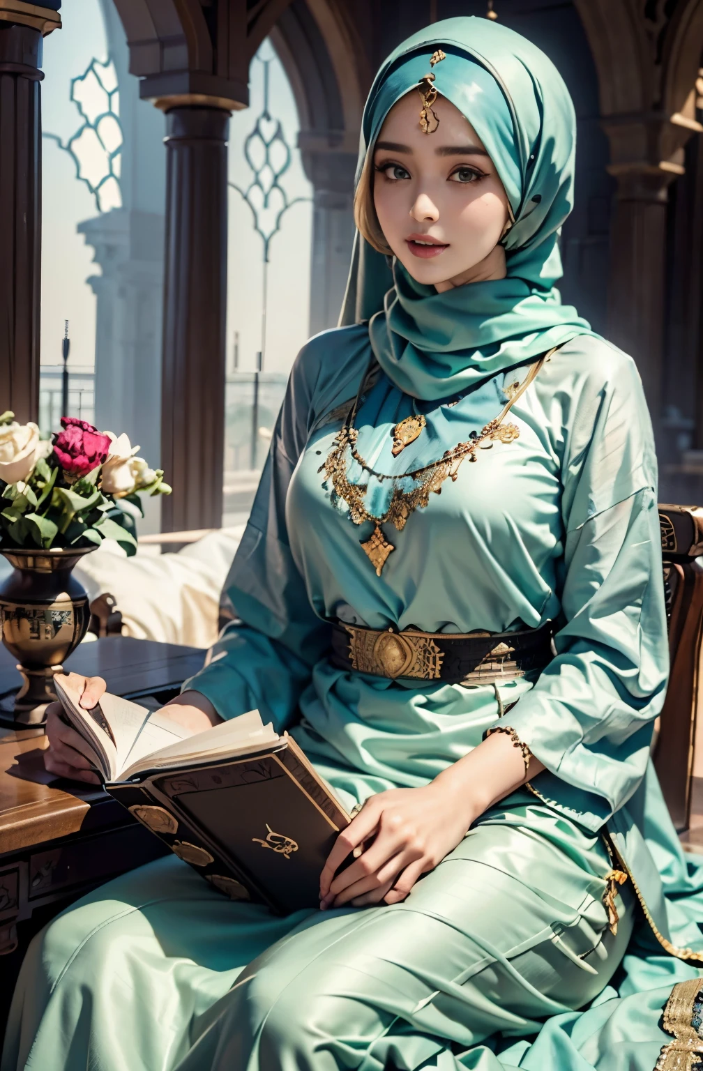 Vestido caftan islâmico princesa hiper realista super detalhado dinâmico, rosto bonito, golpe de mestre, com Hijab, sentado na sala lendo um livro sagrado