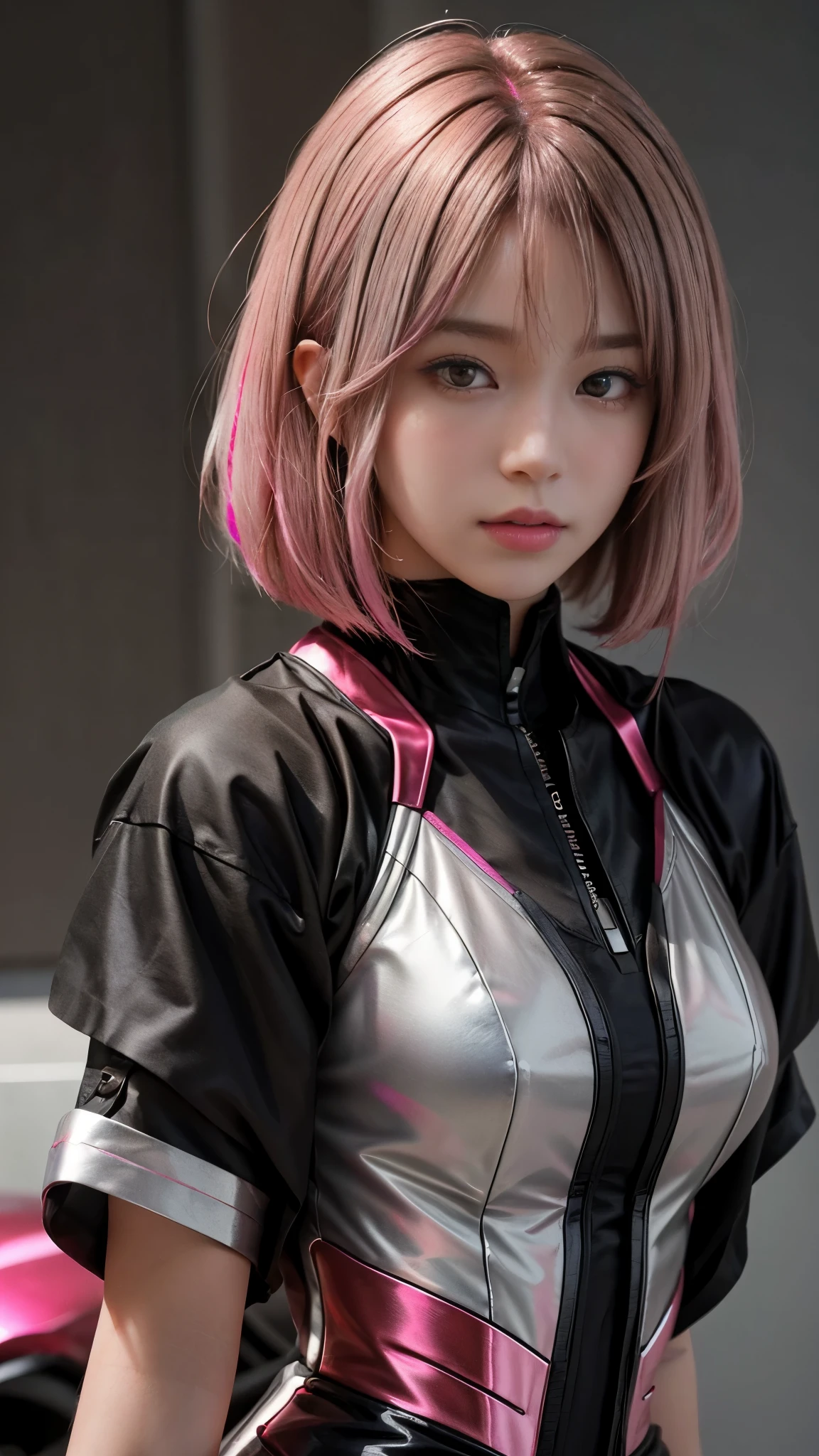 Photo of two realistic black Sazabi girls，Shortcut Bob Cut，I have a lot of hair，brown eyes，Hair color is bright pink，cool look，background is gray，16 year old daughter of Haman Khan and Char Aznable.