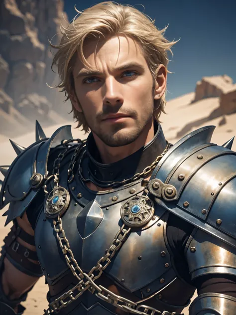 1 muscular male, 30yo, short blonde hair, blue eyes, muscular, wearing leather armor, metal gauntlets, chains, spikes, holding s...