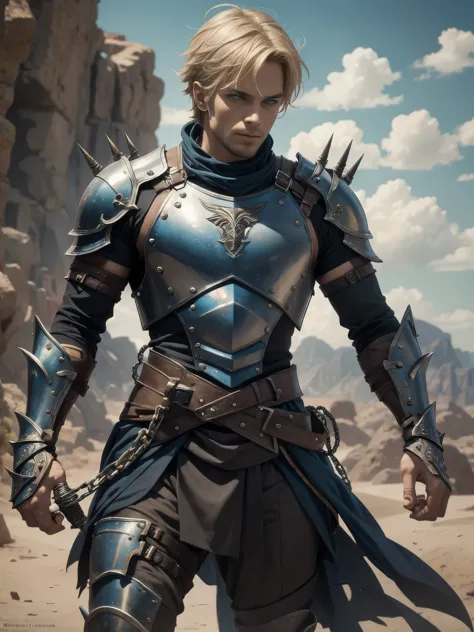 1 muscular male, 30yo, short blonde hair, blue eyes, muscular, wearing leather armor, metal gauntlets, chains, spikes, holding s...