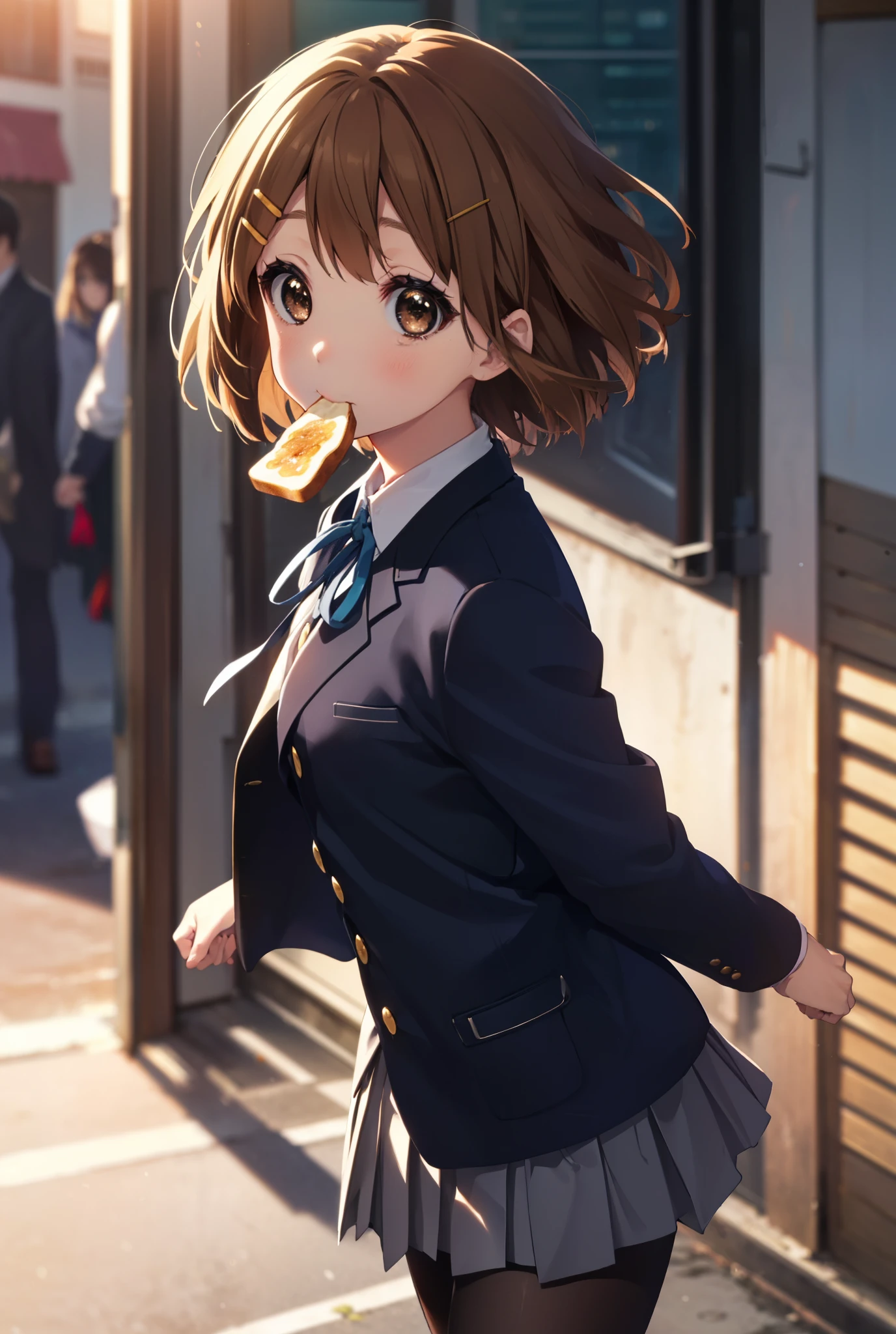 yuihirasawa, yui hirasawa, short hair, brown hair, hair ornaments, (brown eyes:1.5), hair clip,
break sakuragaoka high school uniform, , uniform, blazer, shirt, white shirt, collared shirt, skirt, pleated skirt,black pantyhose,brown loafers,toast in your mouth, running, city street,morning,morning日,The sun is rising,
break outdoors, residential street,
break looking at viewer, (cowboy shot:1.5),
break (masterpiece:1.2), highest quality, High resolution, unity 8k wallpaper, (figure:0.8), (detailed and beautiful eyes:1.6), highly detailed face, perfect lighting, Very detailed CG, (perfect hands, perfect anatomy),