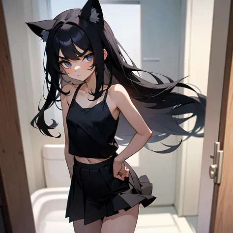 11 year old girl,　I&#39;m about to take my clothes off in front of the bathroom,　dark eyebrows，Big eyes，wet long black hair，black camisole and black skirt，slender physique，small breasts，small ass，Highest image quality，staring at me，RAW photo，We&#39;re good...
