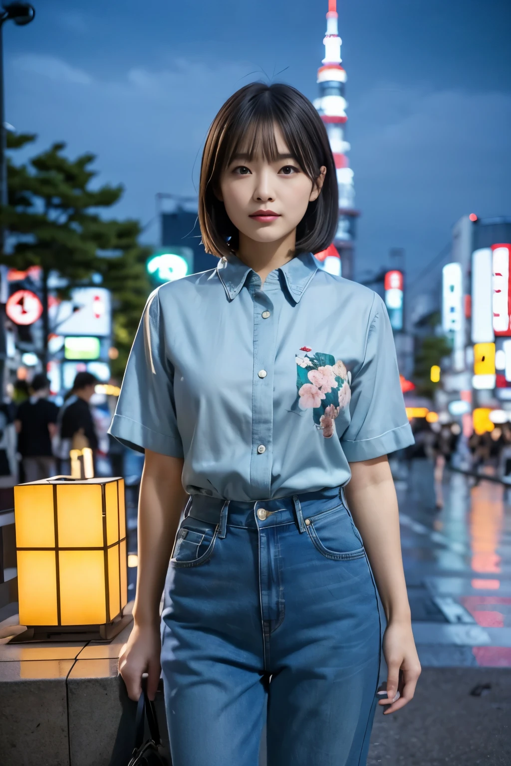 (((night:1.3, Tokyo, Photographed from the front))), ((medium bob:1.3, denim pants:1.2, floral shirt, japanese woman, cute)), (clean, natural makeup), (highest quality, masterpiece:1.3, 超High resolution), (Super detailed, caustics), (realistic:1.4, RAW shooting), very detailed, High resolution, 16K resolution