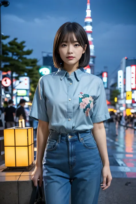 (((night:1.3, Tokyo, Photographed from the front))), ((medium bob:1.3, denim pants:1.2, floral shirt, japanese woman, cute)), (c...