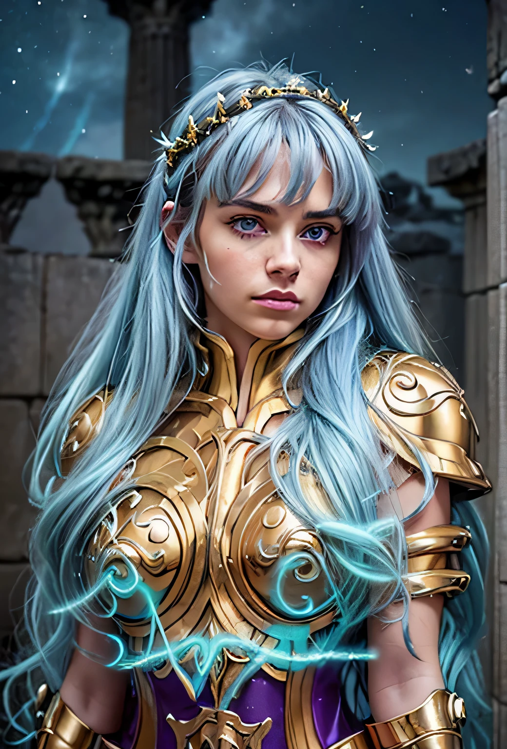 Masterpiece. Half-body portrait. She is the Taurus Knights of Zodiac  warrior. A beautiful young woman (1 girl) about 20 years old. powerful look. Imposing appearance. Long light blue hair, straight hair, ((messy)) hair, ((hair bangs)). (Bangs). hair blowing in the air. Ice Cristals light emerging for her right hand. ((big purple eyes)). Delicate lips, delicate nose. Delicate face. warrior clothes. Golden full medieval armor. Turquoise corselet and purple tide pants. Leather boots. Greek temples ruins background at night, with a starry sky. Multicolor aura around her. 