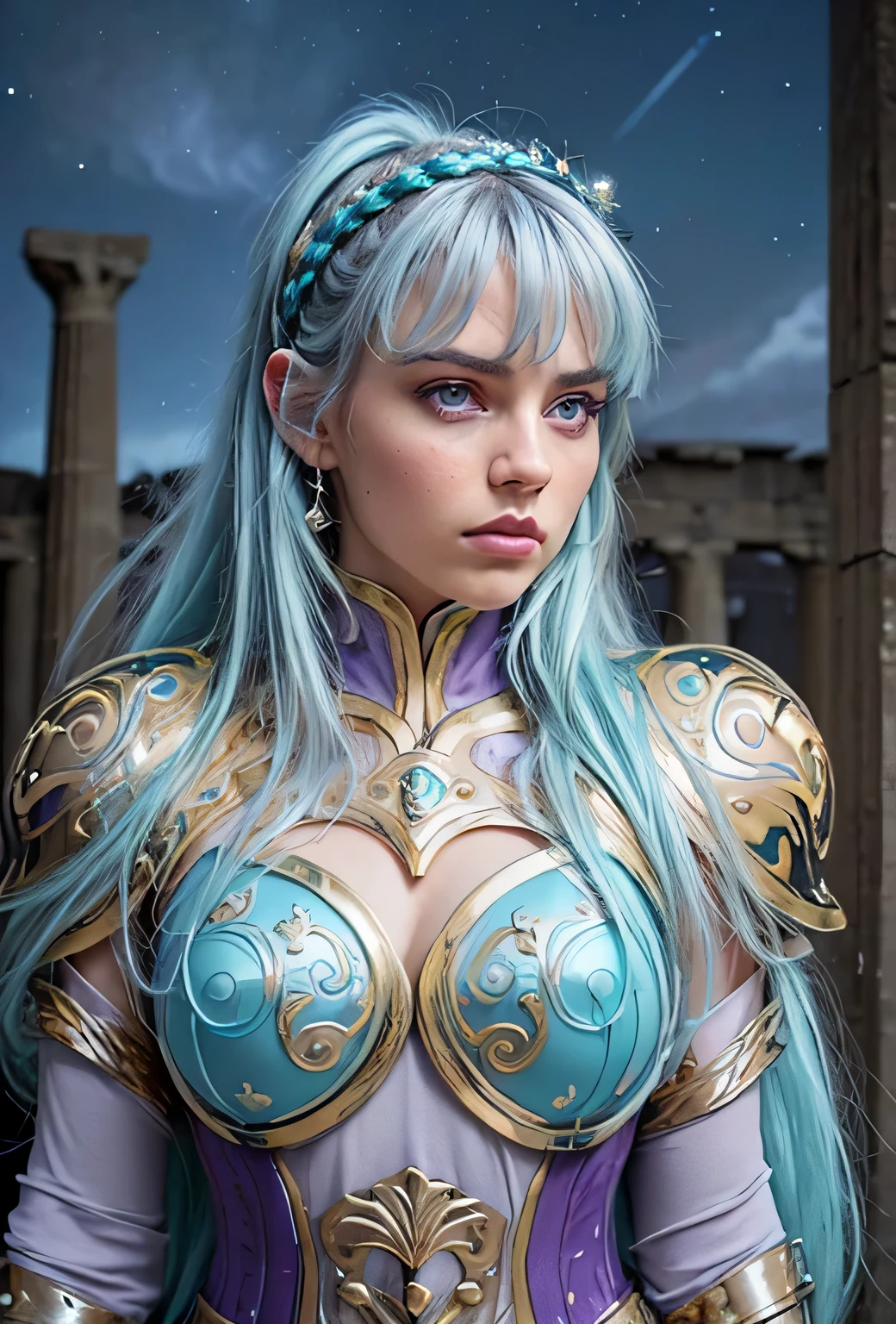 Masterpiece. Half-body portrait. She is the Taurus Knights of Zodiac  warrior. A beautiful young woman (1 girl) about 20 years old. powerful look. Imposing appearance. Long light blue hair, straight hair, ((messy)) hair, ((hair bangs)). (Bangs). hair blowing in the air. Ice Cristals light emerging for her right hand. ((big purple eyes)). Delicate lips, delicate nose. Delicate face. warrior clothes. Golden full medieval armor. Turquoise corselet and purple tide pants. Leather boots. Greek temples ruins background at night, with a starry sky. Multicolor aura around her. 