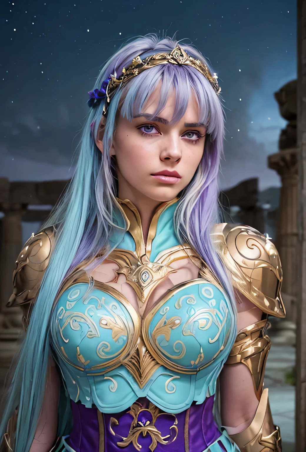 Masterpiece. Half-body portrait. She is the Taurus Knights of Zodiac  warrior. A beautiful young woman (1 girl) about 20 years old. powerful look. Imposing appearance. Long light blue hair, straight hair, ((messy)) hair, ((hair bangs)). (Bangs). hair blowing in the air. Ice Cristals light emerging for her right hand. ((big purple eyes)). Delicate lips, delicate nose. Delicate face. warrior clothes. Golden full medieval armor. Turquoise corselet and purple tide pants. Leather boots. Greek temples ruins background at night, with a starry sky. Multicolor aura around her. 