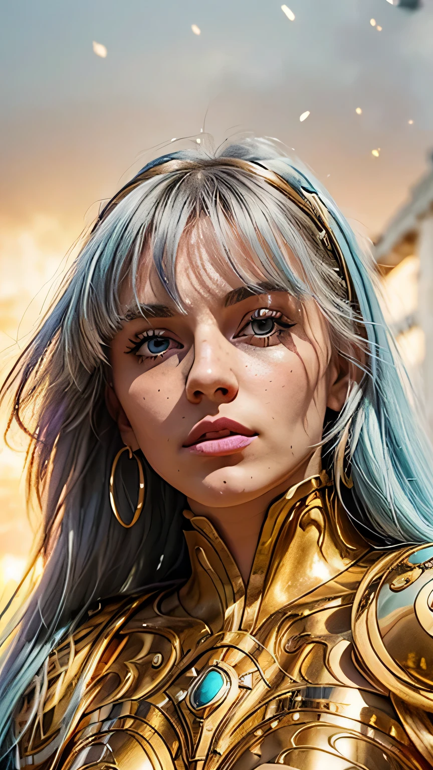 Masterpiece. Half-body portrait. She is the Taurus Knights of Zodiac  warrior. A beautiful young woman (1 girl) about 20 years old. powerful look. Imposing appearance. Long light blue hair, straight hair, ((messy)) hair, ((hair bangs)). (Bangs). hair blowing in the air. Ice Cristals light emerging for her right hand. ((big purple eyes)). Delicate lips, delicate nose. Delicate face. warrior clothes. Golden full medieval armor. Turquoise corselet and purple tide pants. Leather boots. Greek temples ruins background at night, with a starry sky. Multicolor aura around her. 