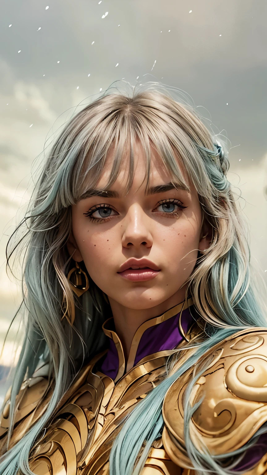 Masterpiece. Half-body portrait. She is the Taurus Knights of Zodiac  warrior. A beautiful young woman (1 girl) about 20 years old. powerful look. Imposing appearance. Long light blue hair, straight hair, ((messy)) hair, ((hair bangs)). (Bangs). hair blowing in the air. Ice Cristals light emerging for her right hand. ((big purple eyes)). Delicate lips, delicate nose. Delicate face. warrior clothes. Golden full medieval armor. Turquoise corselet and purple tide pants. Leather boots. Greek temples ruins background at night, with a starry sky. Multicolor aura around her. 