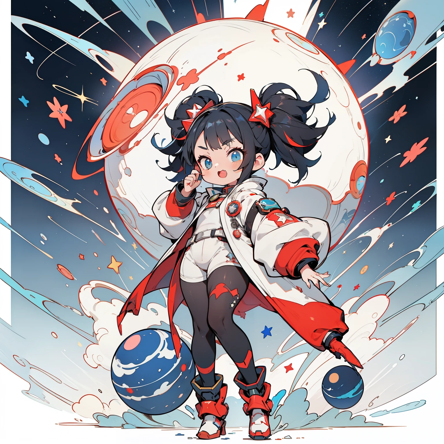 1girl, fullbody, character design, spacey, star accessory, high quality, wide shot, detailed background with space planets and stars, short twintails, thick thighs, multicolored hair, oversized jacket, cyberpunk, fang, red, black, white, fullbody suit, mecha