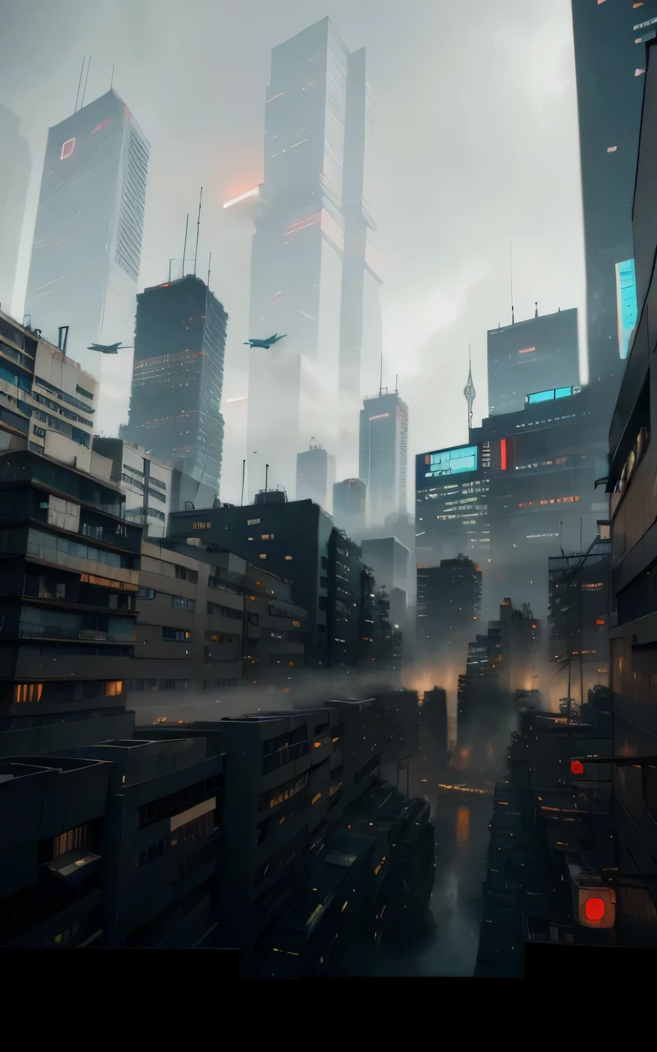 there is a picture of a city with a lot of tall buildings, hyper realistic cyberpunk city, in Blade Runner City, vor einer Science-Fiction-Stadtlandschaft, dargestellt als Science-Fiction-Szene, dystopian cyberpunk city, dystopische Stadt, hyper - realistic vfx render, Science fiction scene of future New York, futuristic dystopische Stadt, Ghost in the Shell Bullet VFX