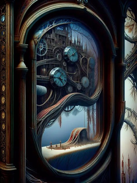 time flows from a broken clock, drop by drop, surreal fantasy daniel merriam, h. r. giger and remedios var artist style