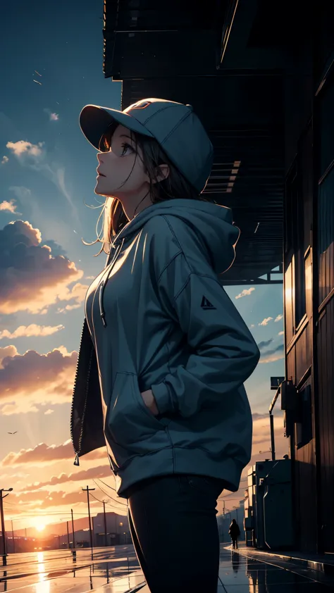 cinematic artwork of a woman walking alone, (she is looking up:1, wearing a hoodie, wearing a sports hat, laughing, hands in the...